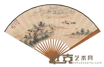 吴青霞 癸未（1943）年作 一滩鸥鹭 成扇 18.5×49.5cm